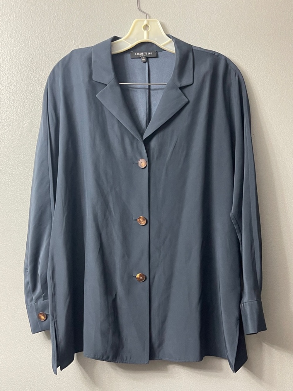 Lafayette 148 New York silk dark blue dolman long-sleeved button-up blouse large